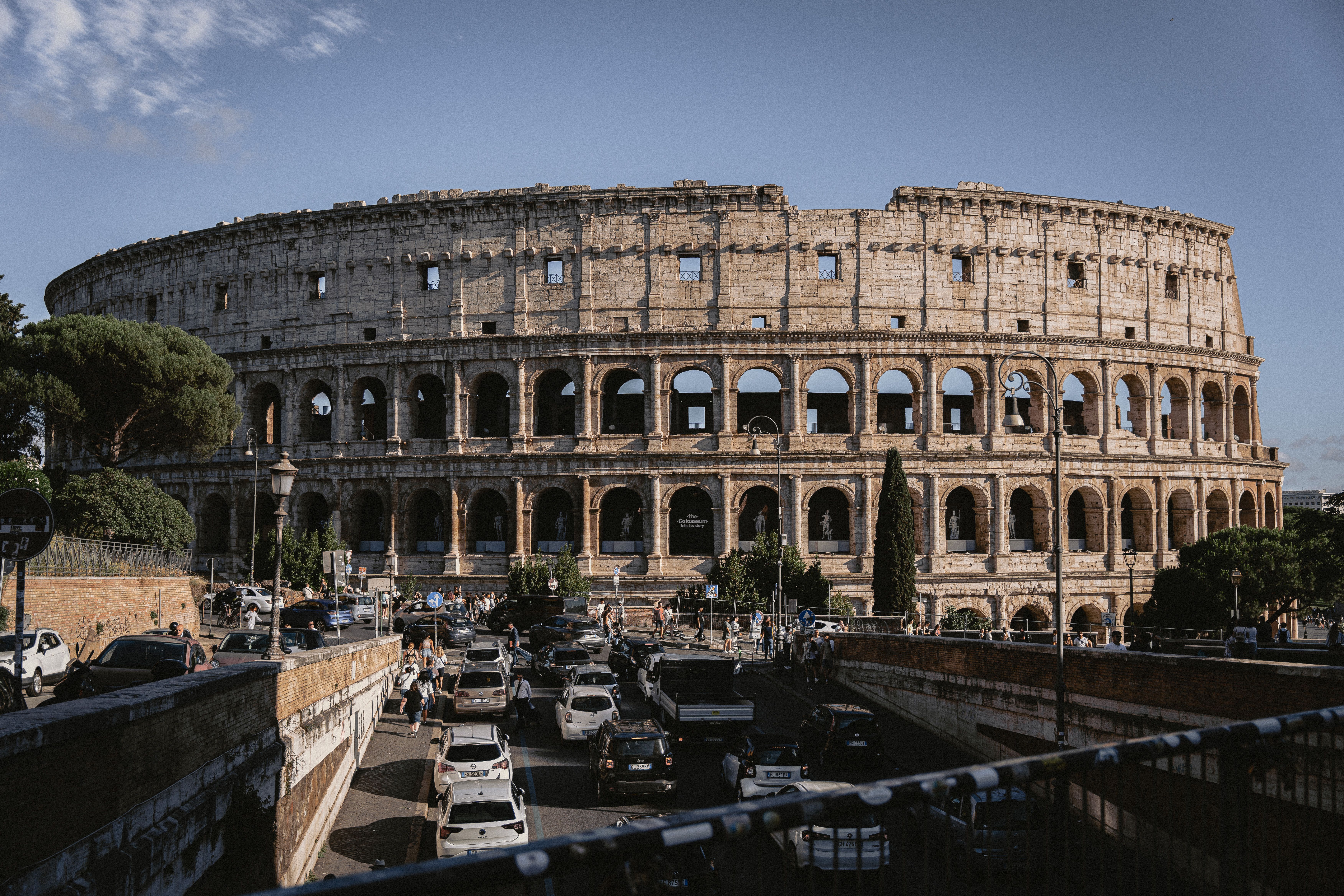 The Colosseum amid the historic streets of Rome, Italy.