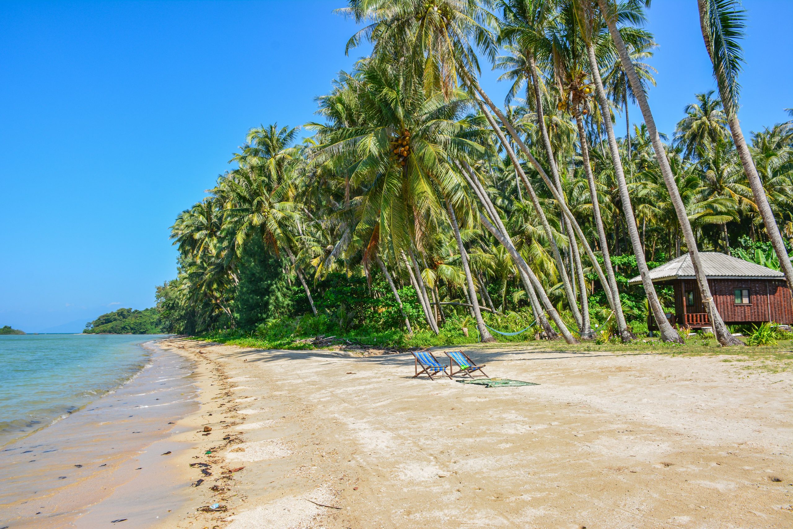 Clear blue skies over a palm-fringed tropical beach on Ko Mak, Thailand.